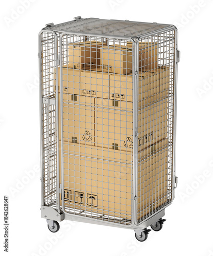 Warehouse folding roll cage trolley with carton boxes isolated on white background - 3d illustration
