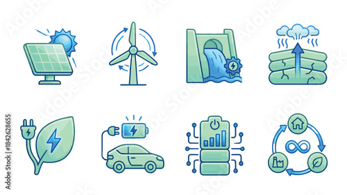Collection of vibrant icons representing diverse renewable energy sources, sustainable technology, and eco-friendly solutions for a greener future and circular economy initiatives