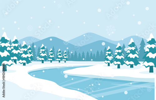 Scenic winter vector illustration featuring a winding frozen river or snowy path flowing through a pine forest and mountains.