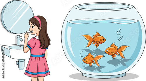 Girl Brushing Teeth in Bathroom near Goldfish Bowl, Oral Care, Daily Routine, Vector