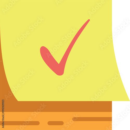 A yellow sticky note with a red check mark on it