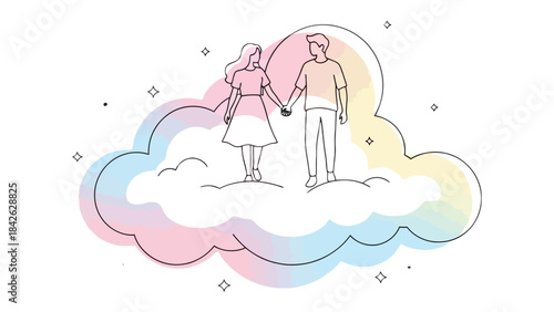 Love's Cloud: A couple stands together on a fluffy cloud, a visual poem of love and connection, perfect for conveying themes of togetherness and devotion.