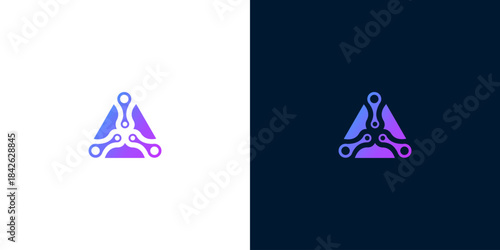 An abstract modern digital concept logo design featuring interconnected nodes forming a dynamic triangular shape, symbolizing network connections and innovative technological solutions