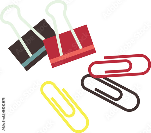 A bunch of different colored paper clips are scattered on a white background