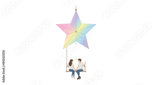 Starry-Eyed Couple: A couple holding hand while sitting on swing with rainbow star. This charming illustration captures a moment of love and connection under a whimsical rainbow star. 