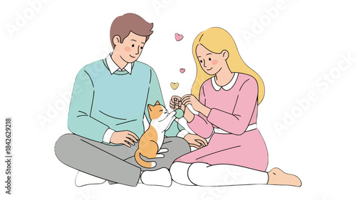 Couple's Serene Moments with cat: A tender moment unfolds as a couple shares a serene moment with a playful cat. This image evokes feelings of comfort, love, and the joy found in everyday connection.