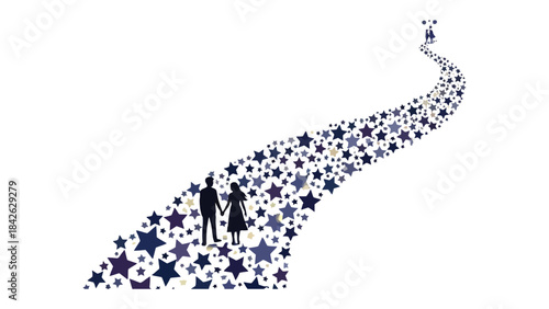 Path to Partnership: A silhouette couple walks hand-in-hand along a star-studded path toward a bright future, symbolizing love and companionship.