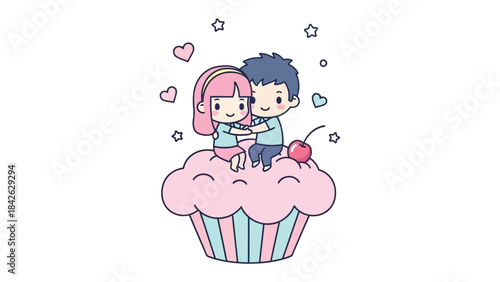 Cupcake Couple: A charming depiction of a sweet couple sitting atop a delightful cupcake, surrounded by hearts and stars. The scene exudes an air of affection and sugary bliss.