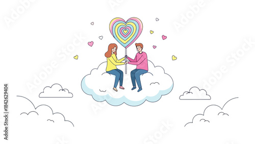 Love's Sweet Embrace: A heartwarming illustration of a couple sharing a giant heart-shaped lollipop, symbolizing love and unity, while floating on a fluffy cloud.