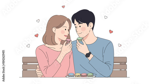Love's Sweet Moments: An intimate portrayal of a couple sharing sweets, their eyes locked in mutual affection, symbolizing a bond of love and shared happiness.