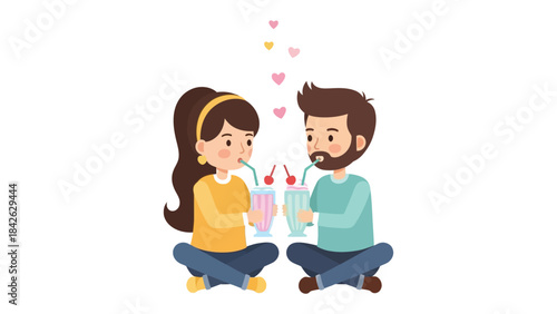 Love-infused Sip: A romantic scene unfolds as a couple shares milkshakes, hearts floating above, symbolizing love and affection. Capturing the sweetness and intimacy of a tender moment.