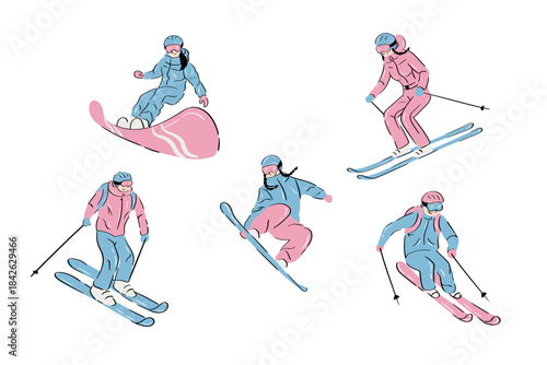 Collection of hand-drawn skiers and snowboarders for posters, sports education materials and winter activity designs