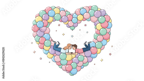 Heart of Love: A loving couple in embrace within the heart-shaped balloon embrace of pure affection, a testament to the magic of connection.
