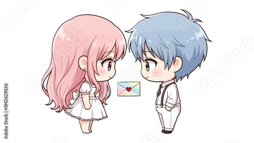 Romantic Cartoon Illustration: A charming cartoon couple, eyes locked in tender gazes, exchanging a sweet, heart-adorned love letter. Capturing the innocence and purity of young love.