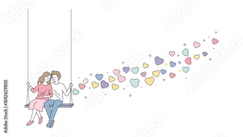 Love's Embrace on a Swing: A couple shares a tender moment as they swing, surrounded by a cascade of colorful hearts, symbolizing their affection and the joy of togetherness.