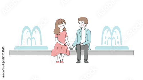 Serene Connection: A young couple sits together near elegant fountains, their hands intertwined, expressing the simplicity of companionship.