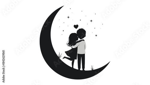 Moonlit Embrace: A romantic silhouette of a couple, entwined in an intimate hug, standing together upon a crescent moon beneath a starlit sky, evoking feelings of love and connection.