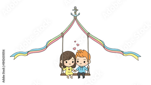 Love's Serenade: A tender moment unfolds as an animated couple, hands clasped, embarks on a shared swing ride, surrounded by fluttering ribbons and whimsical hearts, symbolizing love and togetherness.