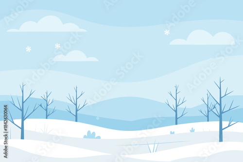 Crisp Winter Morning with Snow, Bare Trees, and Snowflakes in the Sky