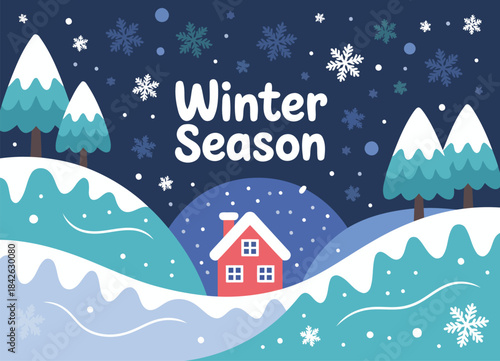 Beautiful Winter Scene with Snowflakes, Mountains, and a Red House