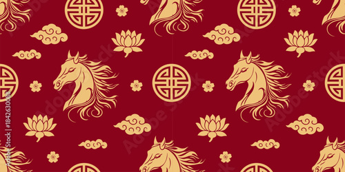 Chinese New Year 2026 Seamless pattern. Year of the Horse.  Background for  print on wrapping paper, fabric, wallpaper and other surfaces