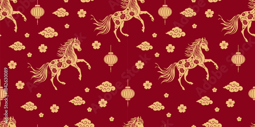Chinese New Year 2026. Year of the Horse. Seamless pattern for print on wrapping paper, fabric, wallpaper and other surfaces
