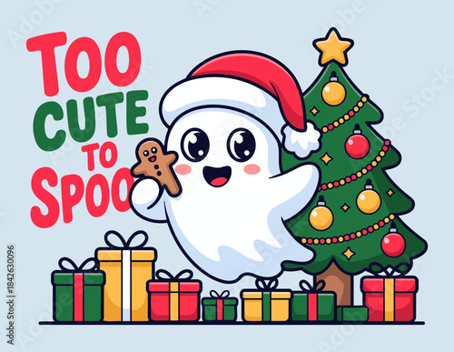 Adorable Ghost in Santa Hat Holding Gingerbread with Christmas Tree and Gifts