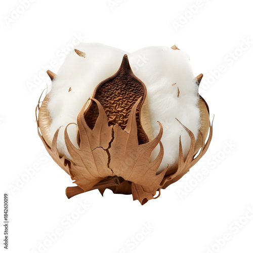One cotton boll with white fiber and intricate brown dried calyx texture visible