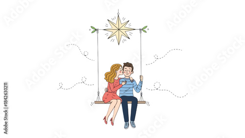 Romantic Moment on the Swing: A loving couple shares a tender kiss while swinging, symbolizing the blossoming of love, the image evokes feelings of togetherness, and the shared journey of life.