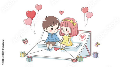 Love's Tender Embrace: A heartwarming illustration captures a couple, surrounded by heart-shaped balloons and gifts, sharing a sweet moment of affection.