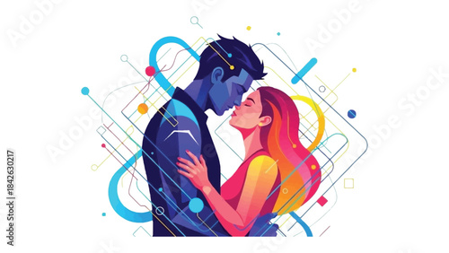 Digital Embrace: An illustration of a couple in a tender embrace, their features illuminated with vivid digital lines, symbolizing connection and the fusion of two souls.