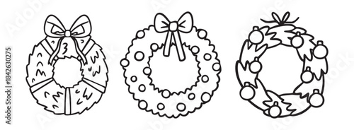 Christmas wreaths line art clipart set with bows and ornaments, monochrome festive collection, hand drawn.