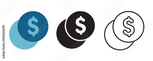 Money coin icon set in flat, solid, and outline styles. dollar currency symbol, financial graphic for business, banking, investment, economy, and fintech applications.