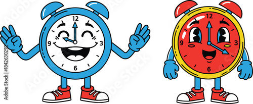 Happy Cartoon Alarm Clock Mascot Character Duo, Time Celebration Success and Punctuality Concept Vector Illustration