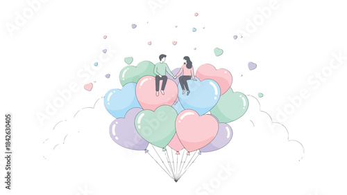 Heartfelt Journey: A couple floats amidst a cluster of colorful heart-shaped balloons, symbolizing the boundless love, adventure, and shared experiences in their relationship.