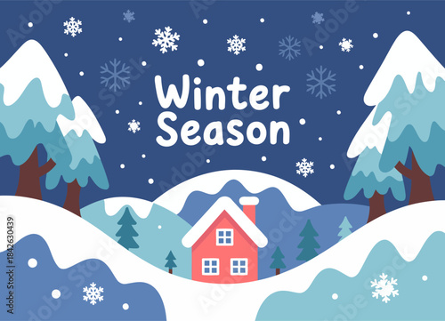 Snowy Winter Season Landscape with Cozy House and Pine Trees