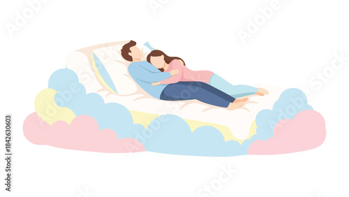 Dreamy Embrace: A couple, lost in a serene slumber, embraces on a bed. This illustration captures the tranquility and tenderness of a shared dreamscape.