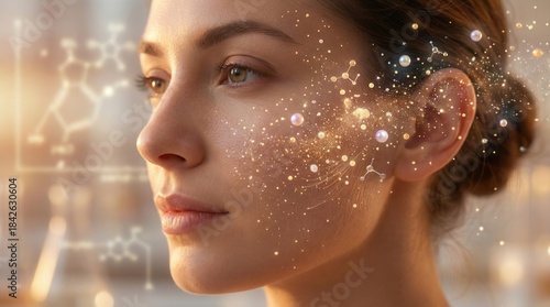 Active Skincare Molecules Penetrating Facial Skin Macro View