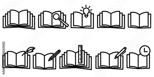 Book icon set. Set of open book outline illustration collection. Perfect for study, education, reading, learning.