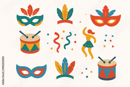 Venezuelan carnival icons in flat vector grid with rugged torn texture on white background