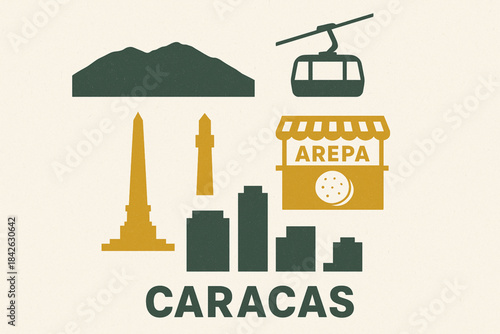 Caracas city icons in flat vector grid with rugged torn texture on white background