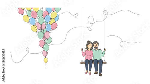 Love and Joy in the Breeze: Two figures on a swing embrace, accompanied by floating colorful balloons that symbolize the buoyancy of love and the lightness of shared joy.