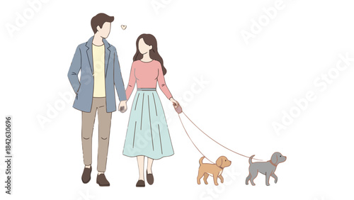 Romantic Stroll with furry Friends: A loving couple strolls hand-in-hand, their two adorable pups trotting happily along on leashes, perfect portrayal of companionship and shared joy. 