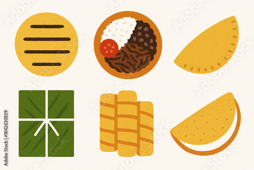 Venezuelan cuisine icons in flat vector grid with rugged torn texture on white background