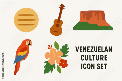 Venezuelan culture icons in minimal flat vector grid with rugged torn texture on white background