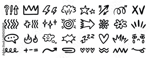 Random doodle icons monochrome line art with hearts arrows checks and tears, hand drawn