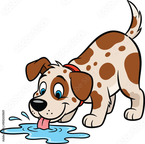 A cheerful cartoon puppy with brown spots and a red collar lapping water from a puddle.