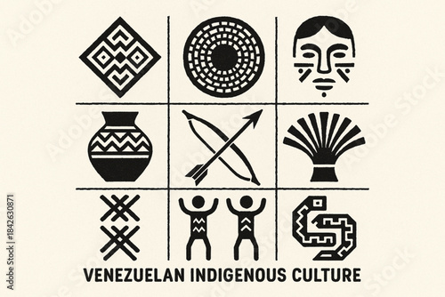 Venezuelan indigenous culture icons in flat vector grid with rugged torn texture on white background