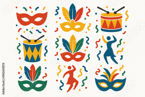 Venezuelan carnival icons in flat vector grid with rugged torn texture on white background