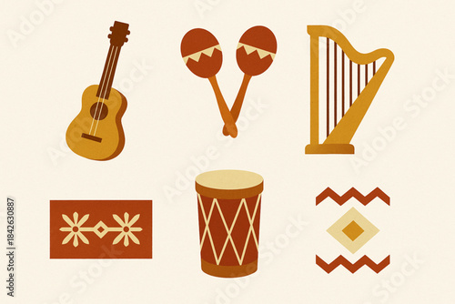 Venezuelan music icons in flat vector grid with rugged torn texture on white background